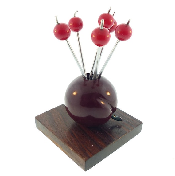 French Art Deco Bakelite Cherry Cocktail Pick Set