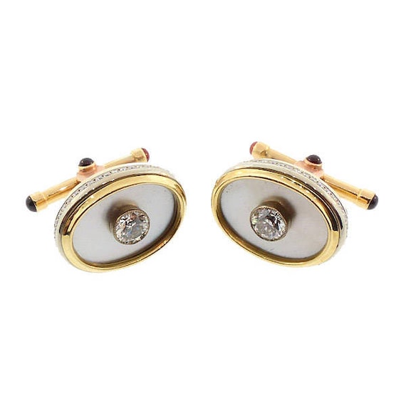 14K Gold, Diamond, Mother-of-Pearl & Garnet Cufflinks | 14K Gold Cufflinks | Vintage Gold Cufflinks