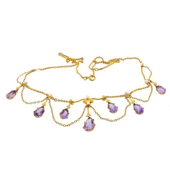 Art Nouveau Krementz 14K Gold Amethyst & Pearl Festoon Necklace