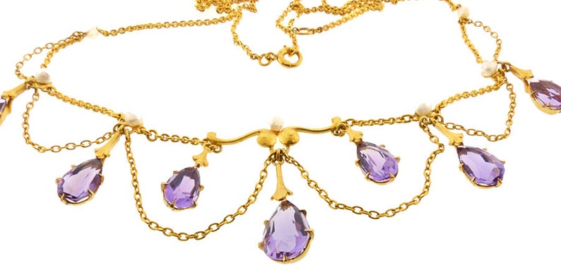 Art Nouveau Krementz 14K Gold Amethyst & Pearl Festoon Necklace - Etsy