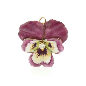 Art Nouveau Diamond Enamel 14K Gold & Diamond Pansy Brooch / Pendant