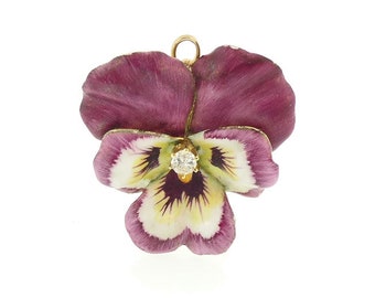 Art Nouveau Diamond Enamel 14K Gold & Diamond Pansy Brooch / Pendant