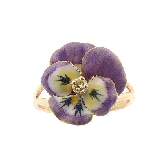 Enameled 14K Gold & Diamond Pansy Conversion Ring