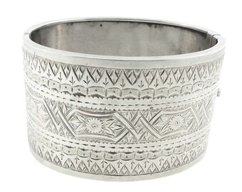 Victorian Engraved Silver Aesthetic Period Wide Cuff Bangle Bracelet