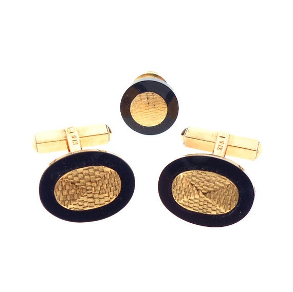 Vintage K Uyeda 14K Gold & Onyx Cufflinks and Tie… - image 2