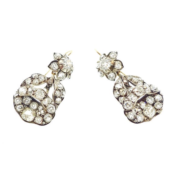 Georgian Gold, Silver & Antique Cut Diamond Morning Glory Earrings