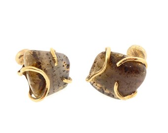 Modernist 14K Gold & Spotted Moss Agate Cufflinks