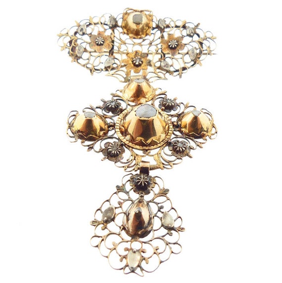 Georgian Gold, Silver 18K Gold Silver & Diamond Croix Papillon Pendant