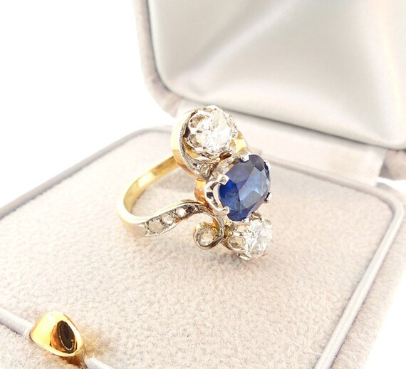 Edwardian 18K Gold, Platinum, Sapphire & Diamond … - image 2