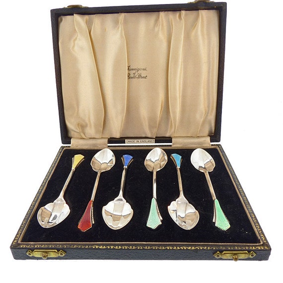 English Sterling Silver & Enamel Demitasse Spoons Boxed Set