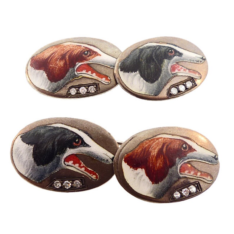 Edwardian Enameled Silver & Diamond Greyhound Dog Cufflinks image 2