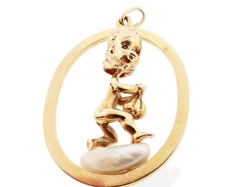 William Ruser 14K Gold Sapphire Pearl Thursday's Child Charm / Pendant