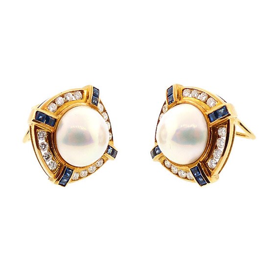 18K Gold, Pearl, Diamond & Sapphire Earrings by S… - image 4