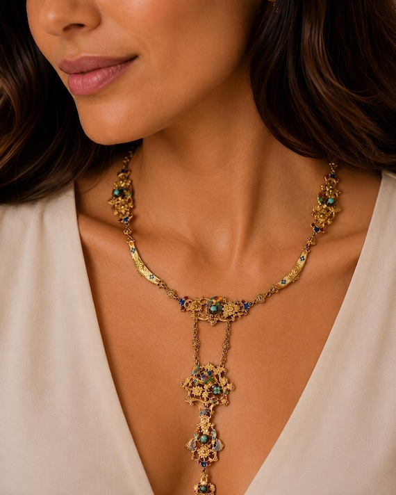Early French Renaissance Revival 18K Gold, Enamel Parrot Necklace