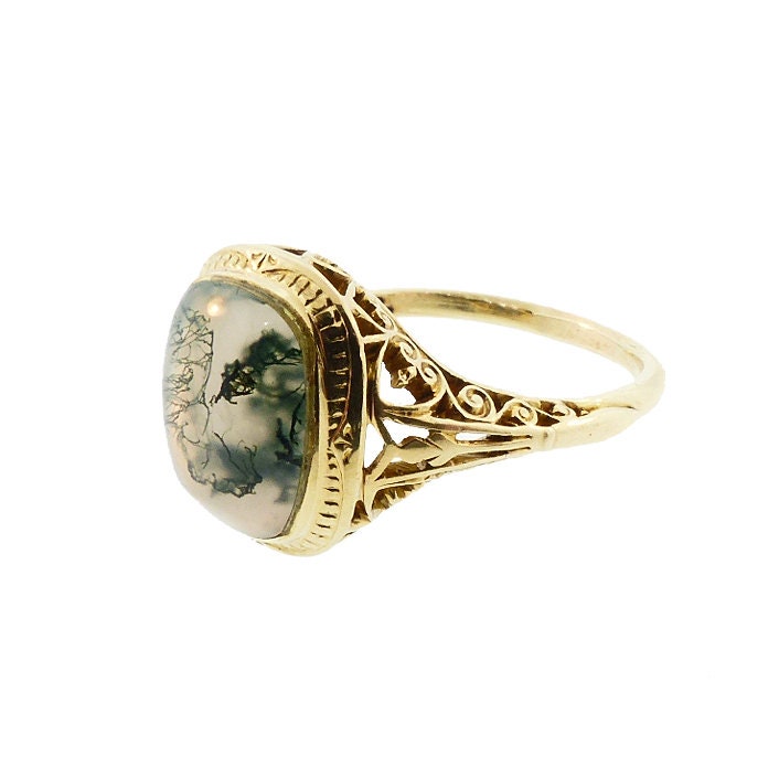 Edwardian 14K Gold Filigree & Moss Agate Ring by Larter