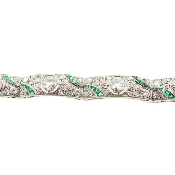 French Art Deco Platinum, Diamond & Emerald Brace… - image 6