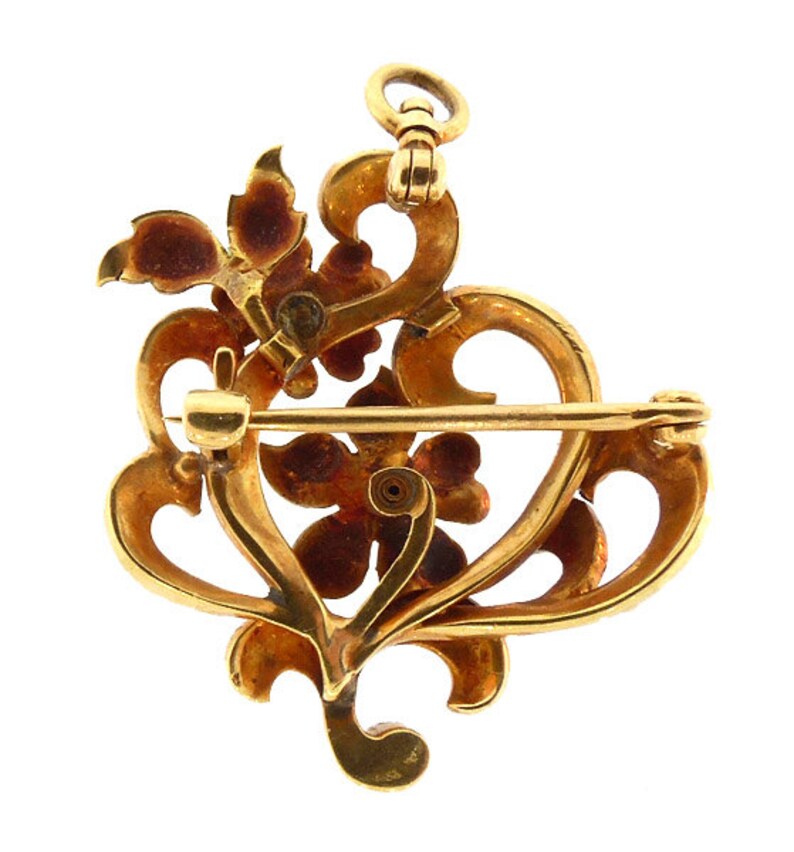 Art Nouveau 14K Gold Enamel Diamond Pendant & Pin image 5