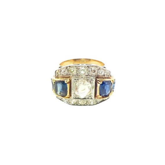 French Retro 18K Gold, Platinum, Diamond & Sapphire Ring