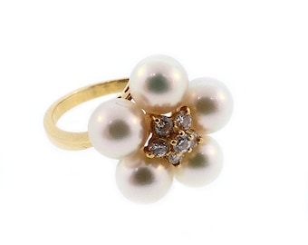 Mikimoto 18K Gold, Pearl & Diamond Cluster Ring