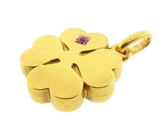 French Edwardian 18K Gold & Ruby Good Luck Four-Leaf Clover Locket