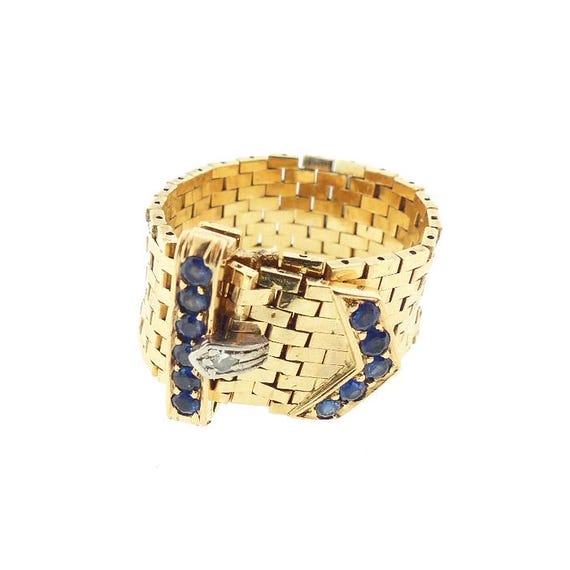 Cartier Retro 14K Gold, Platinum, Diamond Sapphire Buckle Ring