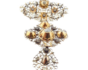 Georgian Gold, Silver 18K Gold Silver & Diamond Croix Papillon Pendant