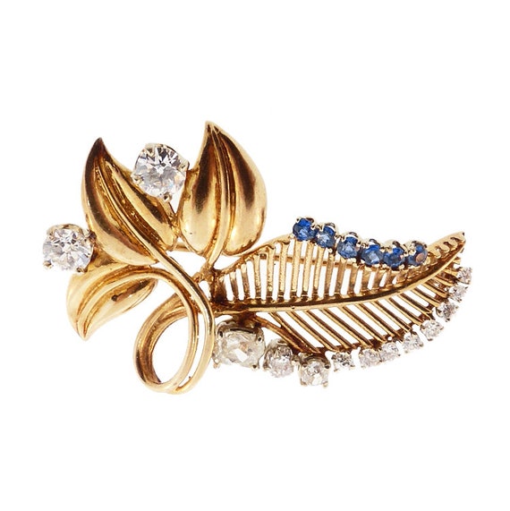 Retro 14K Gold, Platinum, Diamond & Sapphire Leaf Brooch