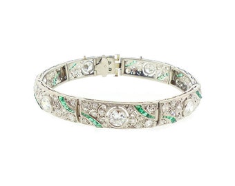French Art Deco Platinum, Diamond & Emerald Bracelet