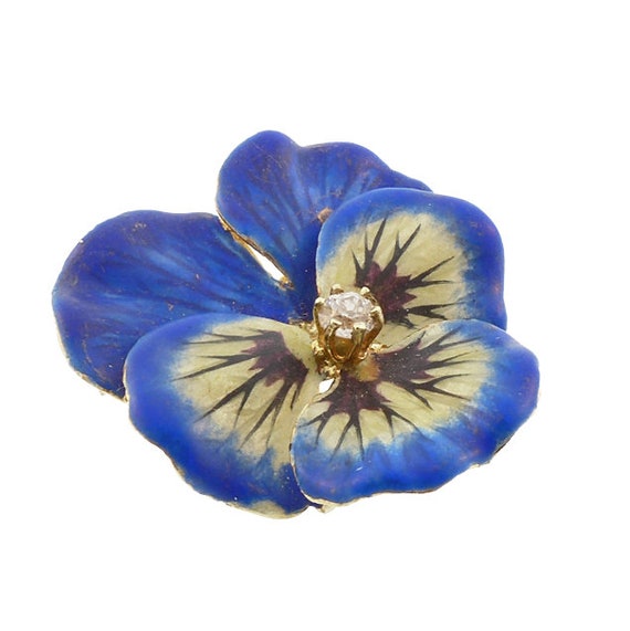 Art Nouveau 14K Gold Enamel & Diamond Pansy Brooc… - image 2