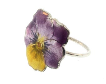 Enameled Sterling Silver Art Nouveau Pansy Conversion Ring