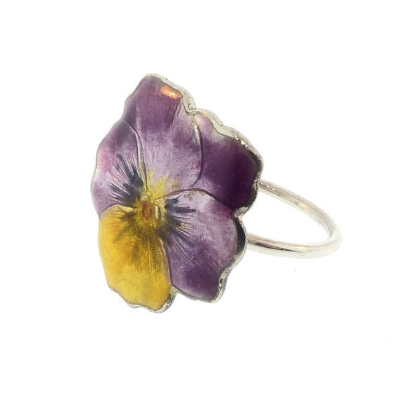 Enameled Sterling Silver Art Nouveau Pansy Conversion Ring