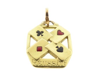 Art Deco French 18K Gold & Enamel Four Aces Lucky Charm / Pendant