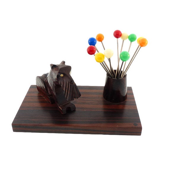 French Art Deco Macassar Ebony Scottie Dog Cocktail Pick Set