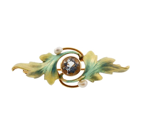 Art Nouveau 14K Gold, Enamel & Aquamarine Pin by Krementz