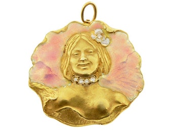 Art Nouveau 14K Gold Diamond & Enamel Semi-Nude Flower Lady Pendant