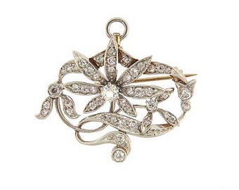 Art Nouveau Platinum 18K Diamond Floral Pendant Pin