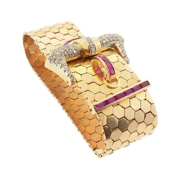 Retro 18K Gold, Platinum, Diamond & Ruby Buckle B… - image 4