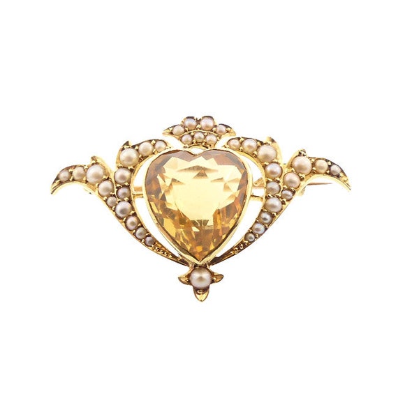 Murrle, Bennett & Co. Art Nouveau 15K Gold, Citrine, Seed Pearl Crowned Heart Pin