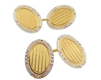 Edwardian 14K Gold & Platinum Engine-Turned Engraved Cufflinks