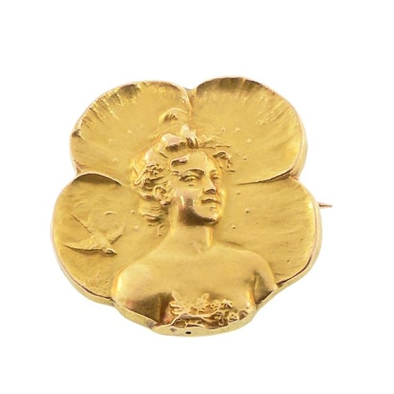 Armand Quenard 18K Gold Art Nouveau Poppy Lady Brooch