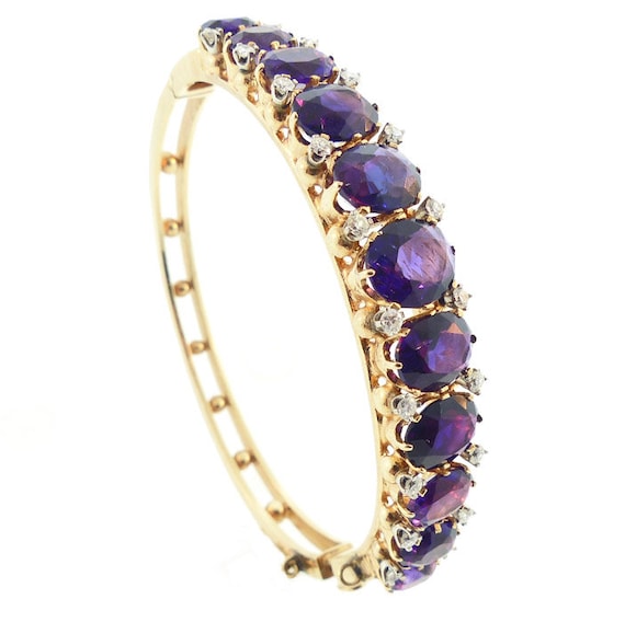 14K Gold, Amethyst & Diamond Hinged Bangle Bracelet