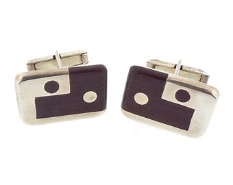 Taxco Mexican Silver & Rosewood Inlay Modernist Cufflinks