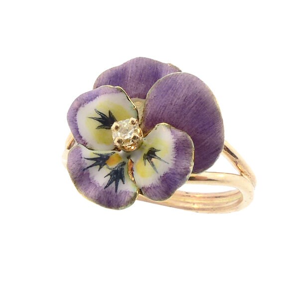 Enameled 14K Gold & Diamond Pansy Conversion Ring