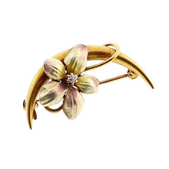 Art Nouveau 14K Gold, Enamel & Diamond Floral Hon… - image 4