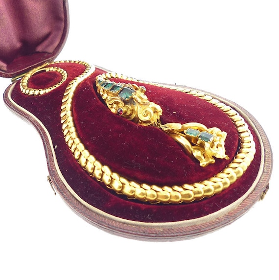Victorian Romantic Period 18K Gold, Emerald & Garnet Snake Necklace