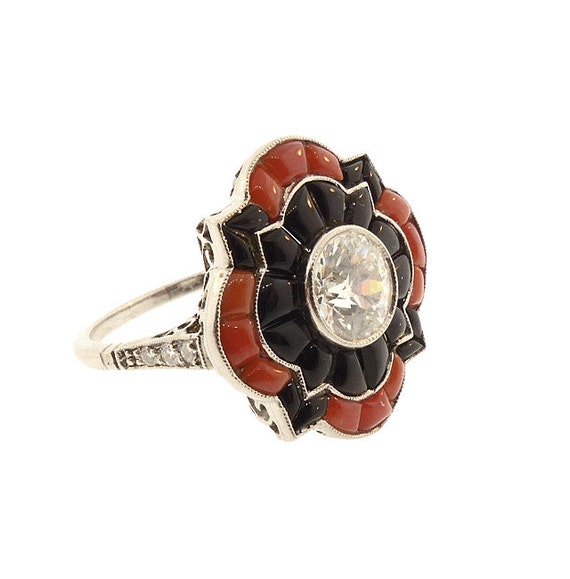 Art Deco Platinum Filigree, Diamond, Coral & Onyx… - image 1