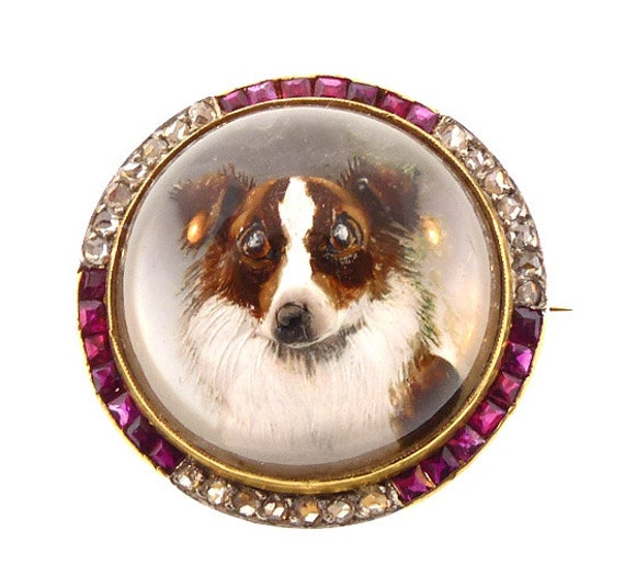Edwardian 18K Diamond Ruby Essex Crystal Collie Br