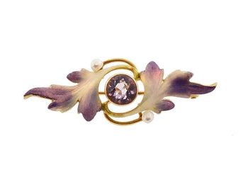 Art Nouveau 14K Gold, Enamel & Amethyst Pin by Krementz