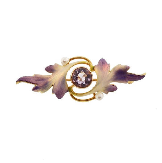 Art Nouveau 14K Gold, Enamel & Amethyst Pin by Kr… - image 1