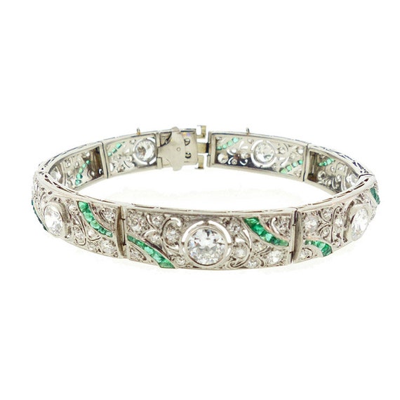 French Art Deco Platinum, Diamond & Emerald Brace… - image 2